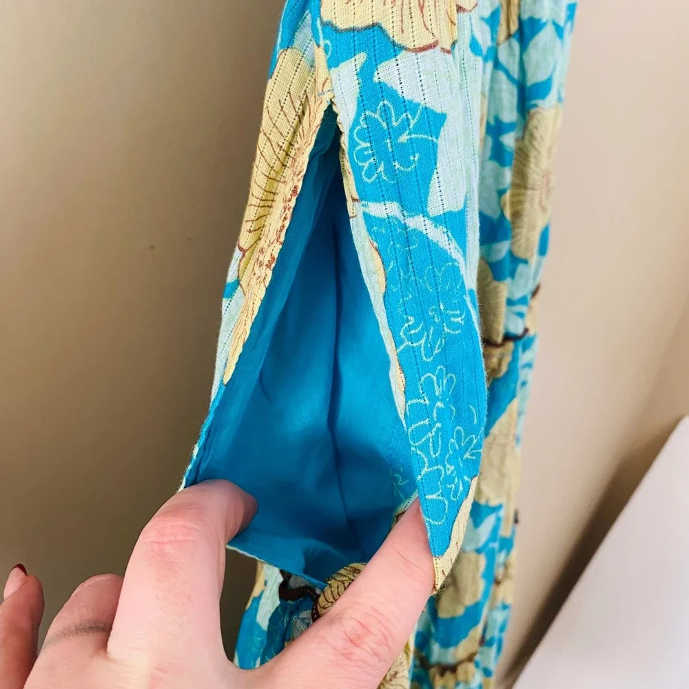 Free People NWT‎ Adriel Tie Strap Tiered Hawaiian Ocean Combo Midi Dress Size M